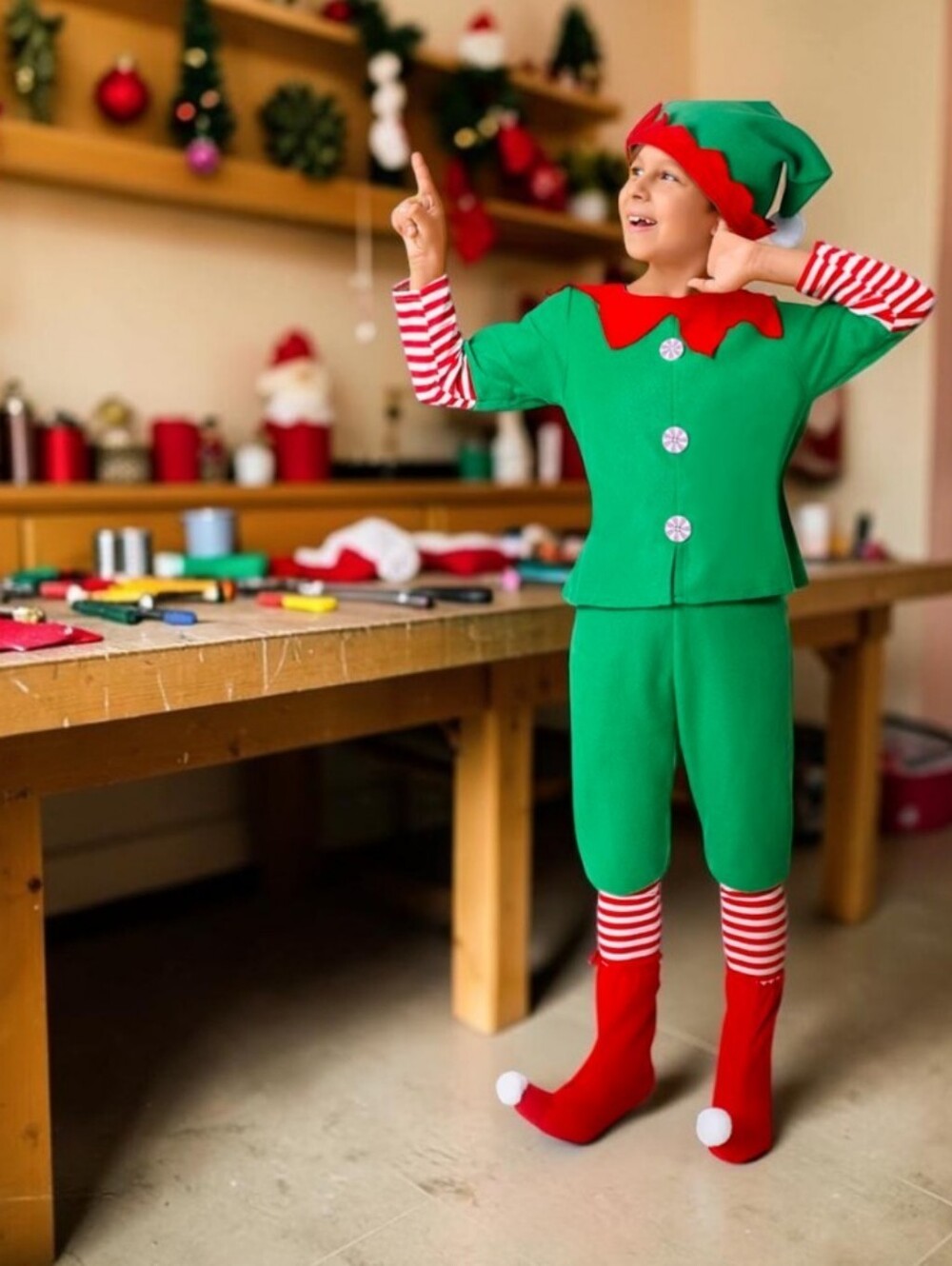 Kids Green Elf Costume with Red Accents, M